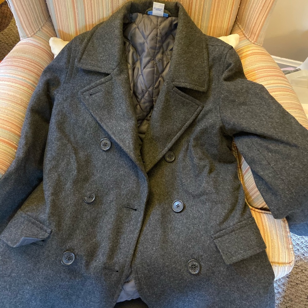 Delias grey wool pea coat, lined, Size Medium.